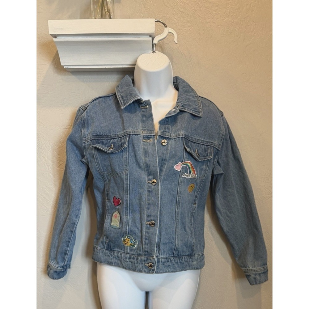 Disney Girls Jean Jacket Size 13 Princess Theme Appliqué Castle Flounder Rainbow